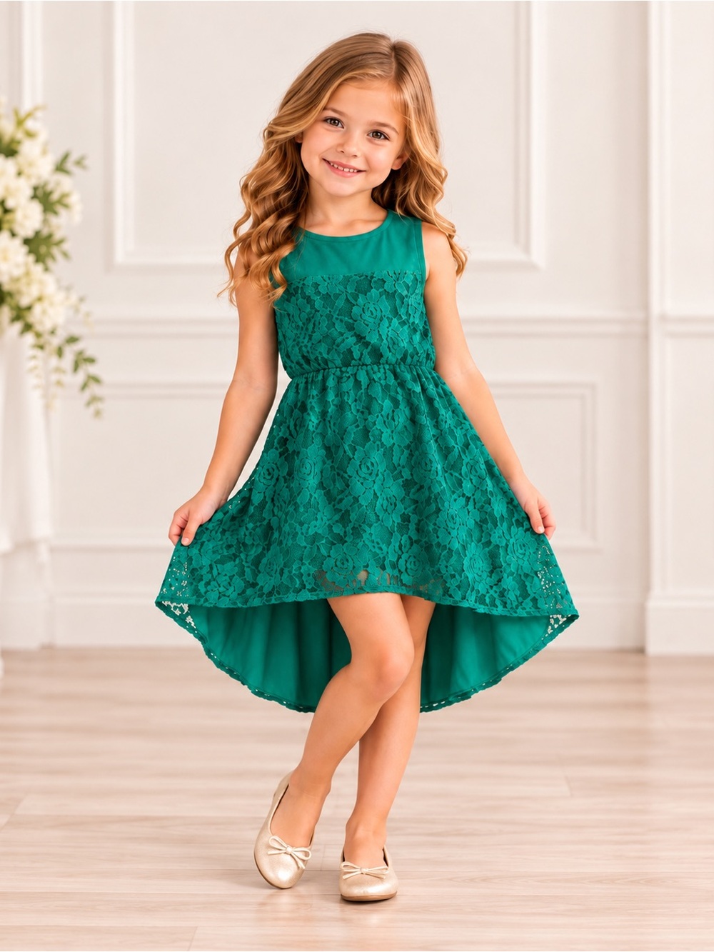 Joyfolie Girls 4 Emerald Green Lace High Low Dress